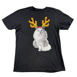 Attic Salt Black Graphic Tee White Cat Reindeer Antlers Christmas Medium Cotton